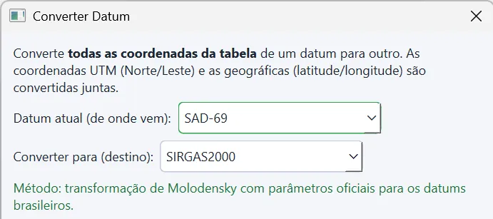 Janela Converter Datum do programa: de SAD-69 para SIRGAS2000, pelo método de Molodensky com parâmetros oficiais