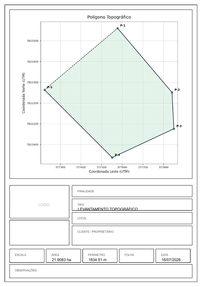 Croqui gerado pela Reconstituidora Pro em PDF: polígono topográfico com os vértices cotados e o carimbo com área, perímetro e data